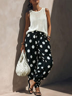 Fresh Casual Round Neck Hollow Sleeveless Knit Top Vintage Big Polka Dot Drawstring Lantern Pant Matching Set