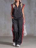 Chic Charcoal Leopard Sleeveless Zip-Up Top & Wide-Leg Track Pants Set