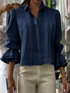 Women's Solid Color Long-sleeve Cotton-linen Blouse With Shirt Collar And Pleated Detail (loose Fit)