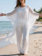 Womens Sheer Batwing Flowy Top & Wide Leg Pants Cotton Linen Two Piece Set