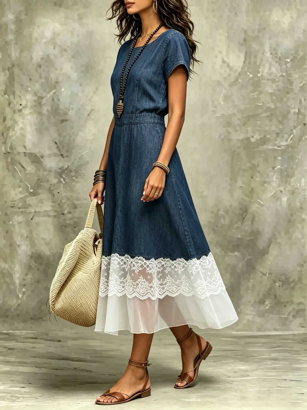 Women's Denim Lace Patchwork Midi Dress