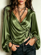 Satin Wrap-style Blouse Featuring A Folded Crossover Shoulder Design, Side-drawstring Waist, And Loose-fitting Puffed Long Sleeves