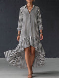 Women's Striped Print Cotton-linen Casual Loose Dress With Collar And Long Sleeves