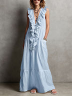 Women's Solid-color V-neck Ruffled Sleeveless Casual Loose Cotton-linen Dress