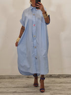Casual Cotton Midi Shirt Dress With Crystal Button Embellishment