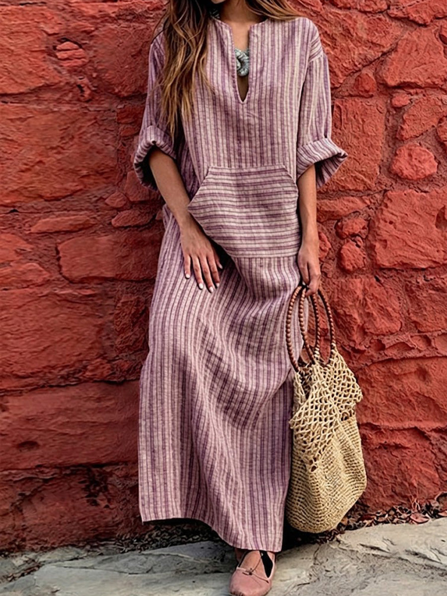 Vintage Resort-style Linen Dress Featuring A Washed, Textured Finish And Fine Pinstripes. Designed With A Semi-open V-neck, Dropped Shoulders, Roll-up Sleeves, And Large Pockets, It Offers A Flattering, Figure-concealing Fit