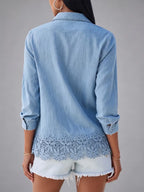Boho-Chic Comfortable Denim Lace Trim Button-Down Shirt