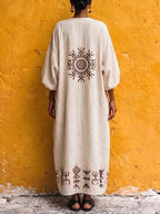 Earth Nomad Ethnic Motif V-Neck Cotton-Linen Kaftan
