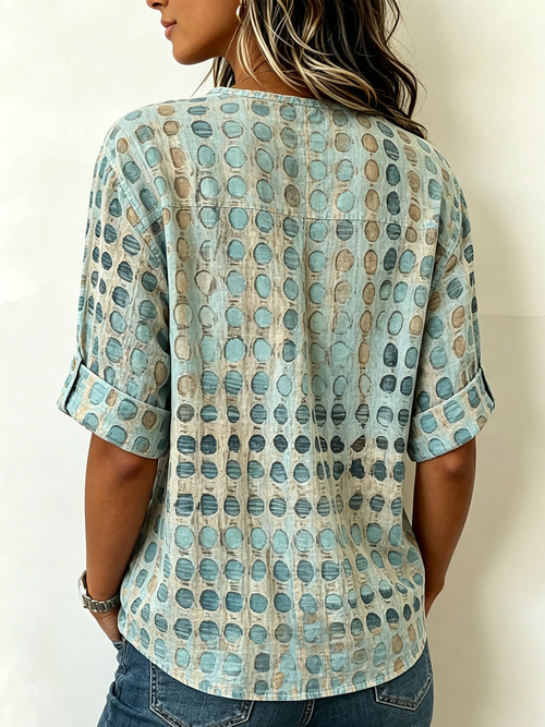 Artistic Watercolor Polka-dot Print Cotton-linen Henley Shirt