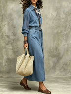 Women's Sheer Sleeve Slit Denim Maxi Dress