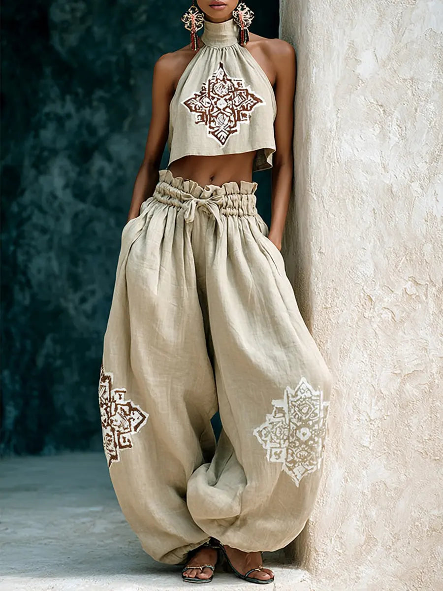 💝💝Vintage Khaki Linen Halter & Voluminous Trousers