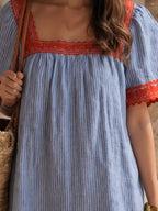 Red Cotton Midi Dress With Striped Paneling