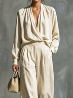 Women's V-Neck Art Casual Top And Pants Cotton And Linen Two-piece Set
