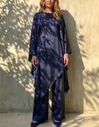 Women's Satin Two-piece Set, Featuring An Asymmetrical Shawl-sleeved Long Top And Wide-leg Trousers.