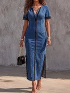 Vintage Art Comfortable Fabrics Hollowed Out Lace Patchwork Denim Dress