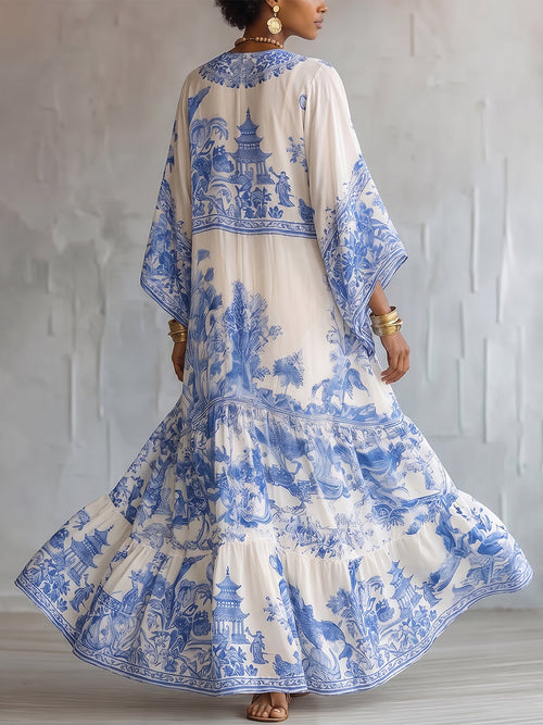 Boho-style Vintage Blue Floral Print Cotton Maxi Dress