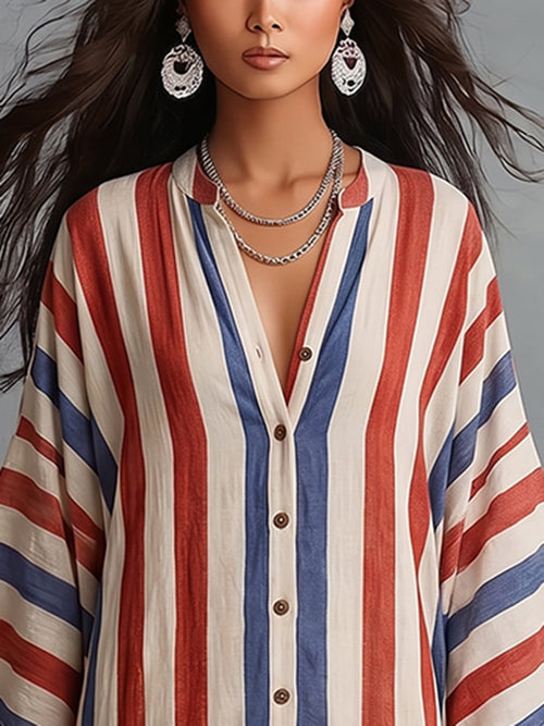 Bohemian Color-block Striped Cotton Dress