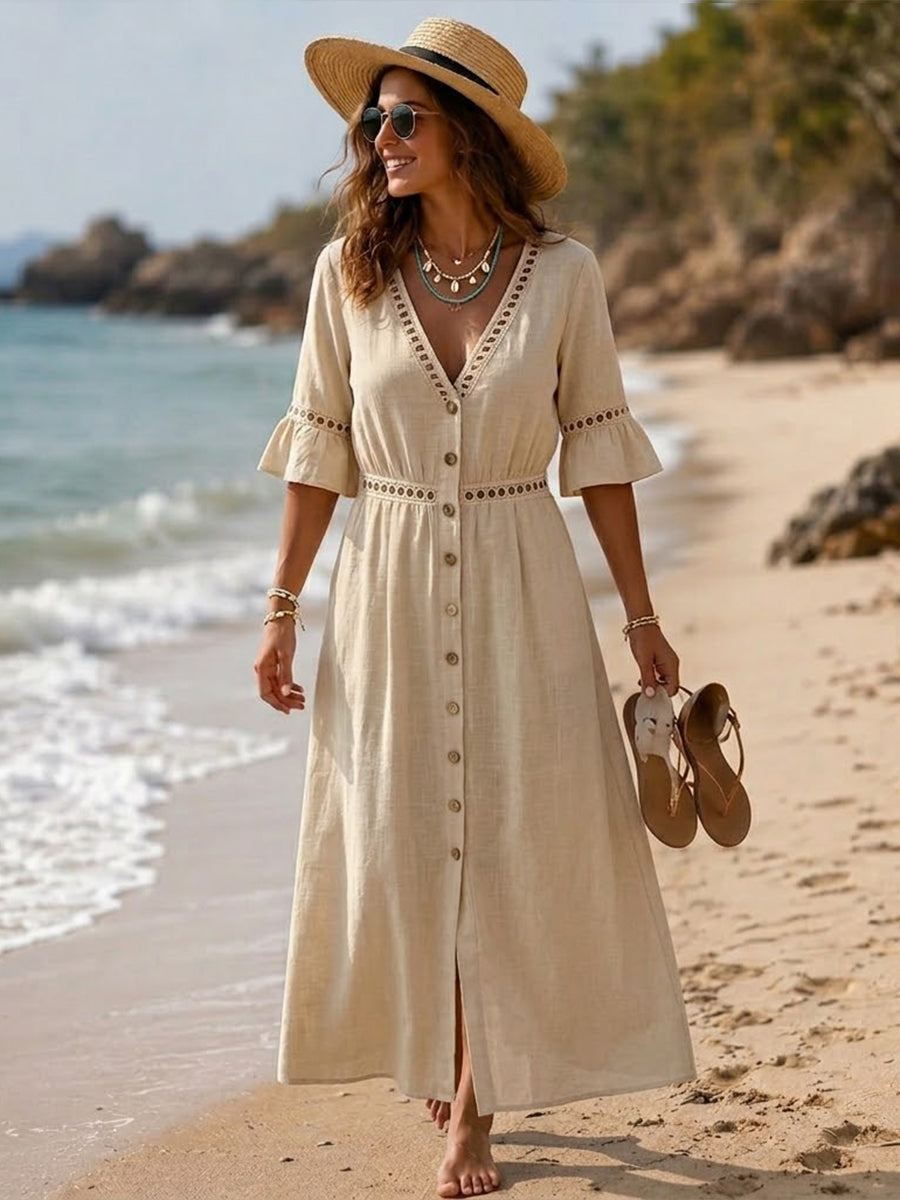 💝💝Casual Linen-cotton Button-front Dress With Spliced cut-out Webbing Details