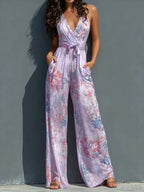 Tropical Floral V-Neck Wide-Leg Jumpsuit