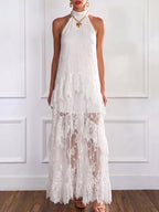 Stylish And Elegant White Lace Halter-neck Maxi Dress