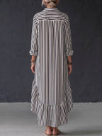 Women's Striped Print Cotton-linen Casual Loose Dress With Collar And Long Sleeves