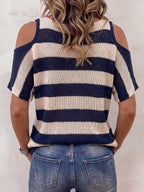 Women's Striped Print V-neck Off-shoulder Short-sleeve Casual Loose Knit Top