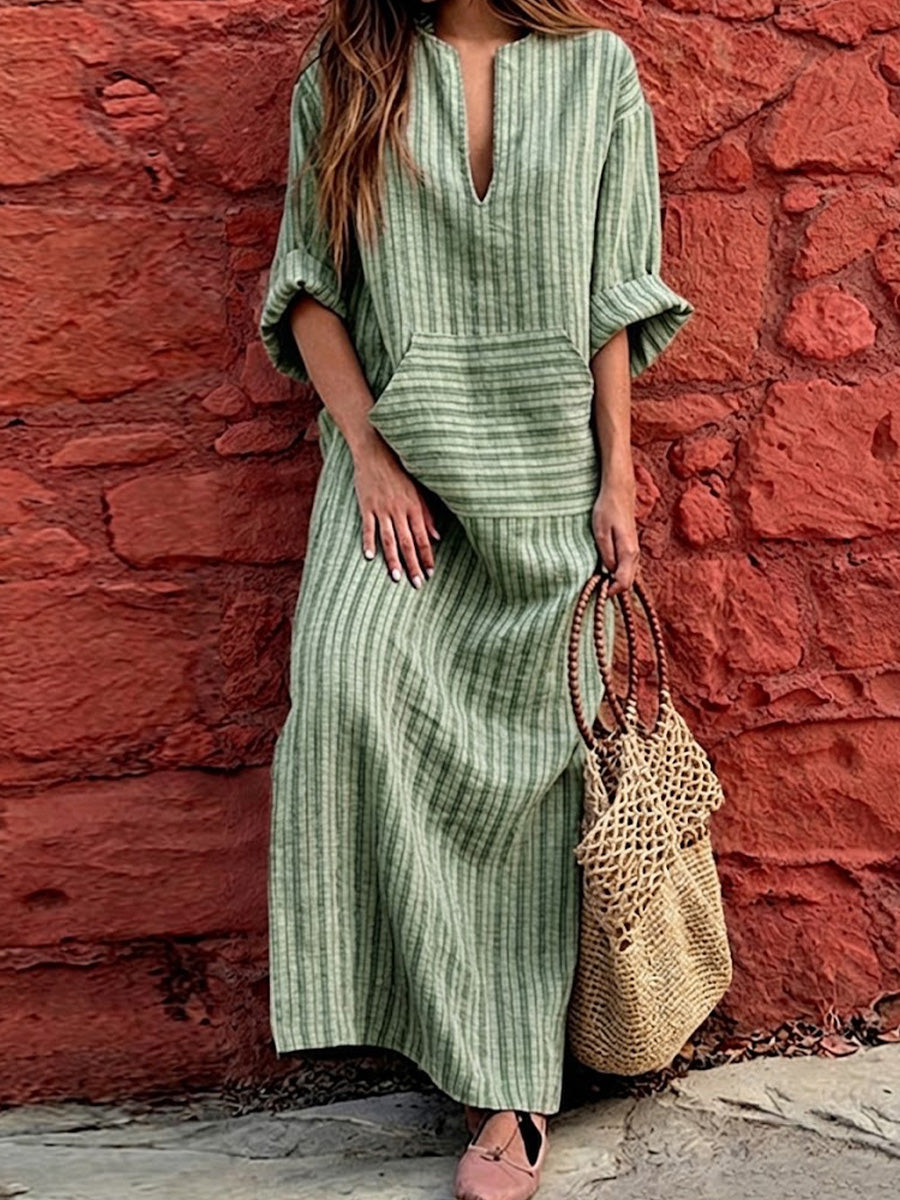 Vintage Resort-style Linen Dress Featuring A Washed, Textured Finish And Fine Pinstripes. Designed With A Semi-open V-neck, Dropped Shoulders, Roll-up Sleeves, And Large Pockets, It Offers A Flattering, Figure-concealing Fit