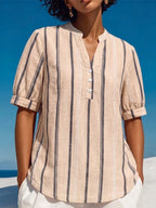 Vertical-striped, Mandarin-collar, Short-sleeve Slub Linen Top With A Small V-neck And Partial Button Placket