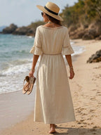 💝💝Casual Linen-cotton Button-front Dress With Spliced cut-out Webbing Details