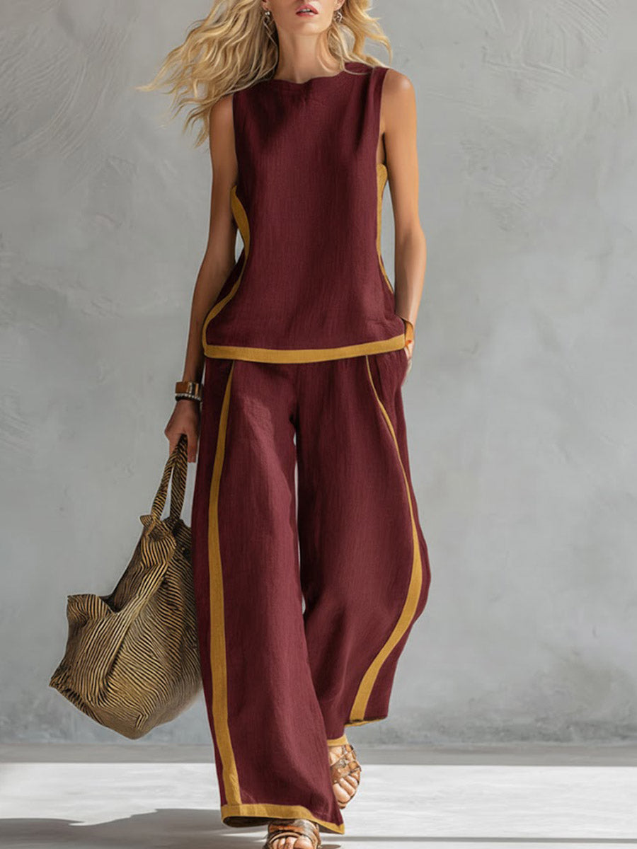 ✨⏰LAST DAY SAVE 49% ⏰Buy 2 Pcs Free Shipping - Women's Round Neck Sleeveless Casual Loose Top And High-waisted Loose Wide-leg Pants Cotton And Linen Set.