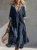 Retro-resort Style Linen Maxi Dress: V-neck, Button-front, High-waisted With Pleats, Featuring Leopard-print Panels On The Collar And Cuffs; Flattering Fit