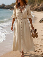 💝💝Casual Linen-cotton Button-front Dress With Spliced cut-out Webbing Details