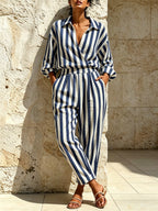 Women's Striped Art Casual Top And Pants Cotton And Linen Two-piece Set