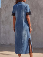 Vintage Art Comfortable Fabrics Hollowed Out Lace Patchwork Denim Dress