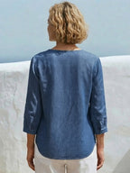 Washed Denim Round Neck Diagonal Button Bust Gathered Side Tie 3/4 Sleeve Loose Casual Blouse
