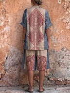 Women's Vintage Placement-print Cotton-linen Set: Short-sleeve Stand-collar Loose Casual Top & High-waisted Wide-leg Shorts