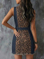 Fashionable Sleeveless Denim Mini Dress With Leopard Print Panels
