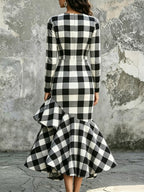 Women's Black White Plaid Ruffled Hem Art Casual Stylish Long Sleeve Dress