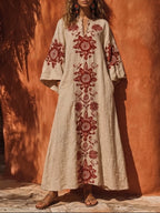 Women's Casual Loose Cotton-linen V-neck Long-sleeve Dress With Placement Print