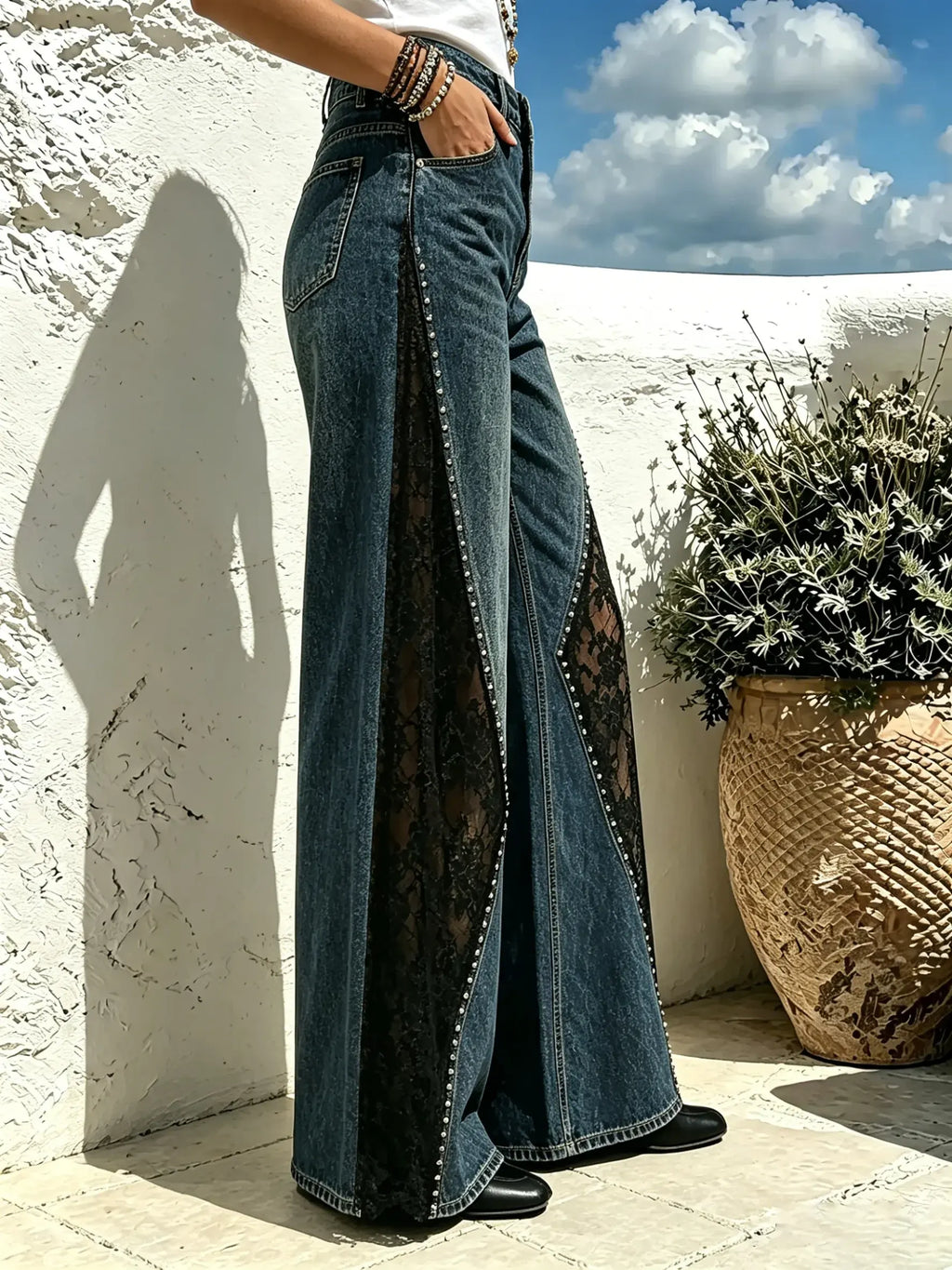 Women's Solid Side Lace Rhinestone Flare Jeans