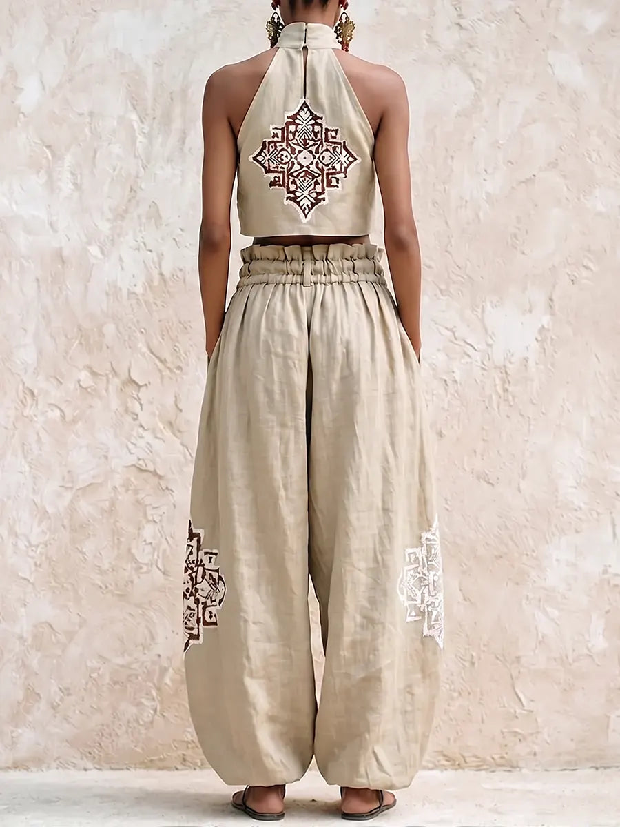 💝💝Vintage Khaki Linen Halter & Voluminous Trousers