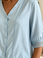 Women's Casual Three-quarter Sleeve V-neck Lace Cotton Linen Cardigan Shirt