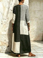 Women's Geometric Patchwork Loose Art Casual Stylish V-collar Long Sleeve Cotton Linen Dress