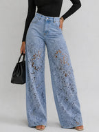 Lace Cut-out Wide-leg Denim Jeans