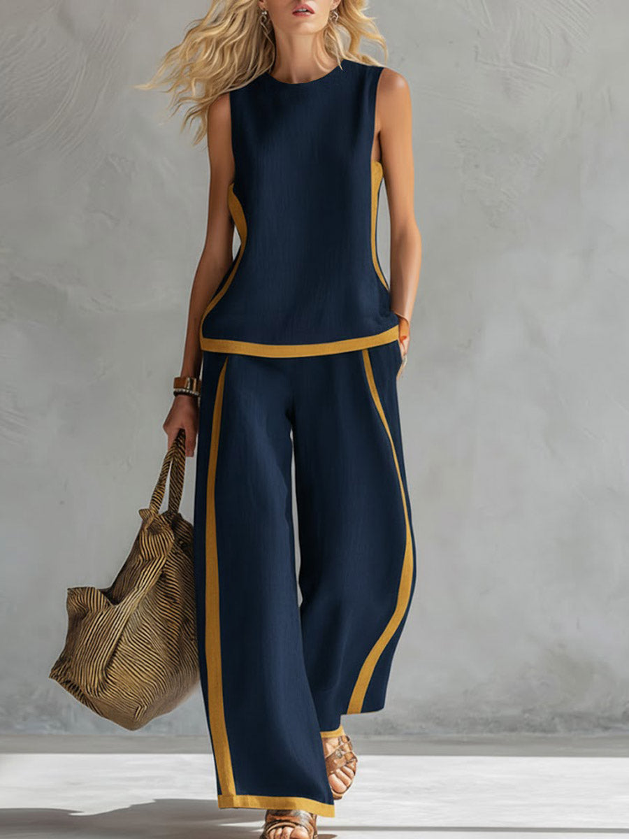 ✨⏰LAST DAY SAVE 49% ⏰Buy 2 Pcs Free Shipping - Women's Round Neck Sleeveless Casual Loose Top And High-waisted Loose Wide-leg Pants Cotton And Linen Set.