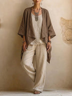 A Three-piece Set Featuring A Casual Cotton-linen Blend Cardigan, Trousers, And A Tank Top.