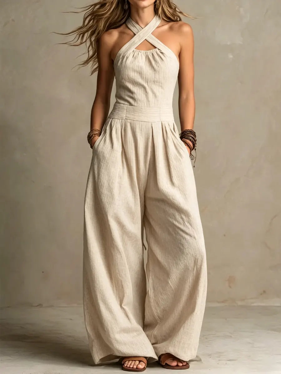 ✨⏰Women's Cross-neck Halter Design Cotton-linen Jumpsuit