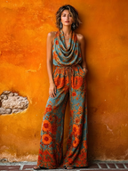 Boho Vintage Cowl-neck Floral Print Jumpsuit