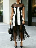 Women's Striped Pattern Fringe Chic Art Casual Stylish Midi Dress