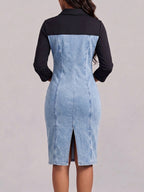 Women's Casual Loose-fit Cotton-linen Denim Dress With Shirt Collar, 3/4 Sleeves, And Color-block Paneling